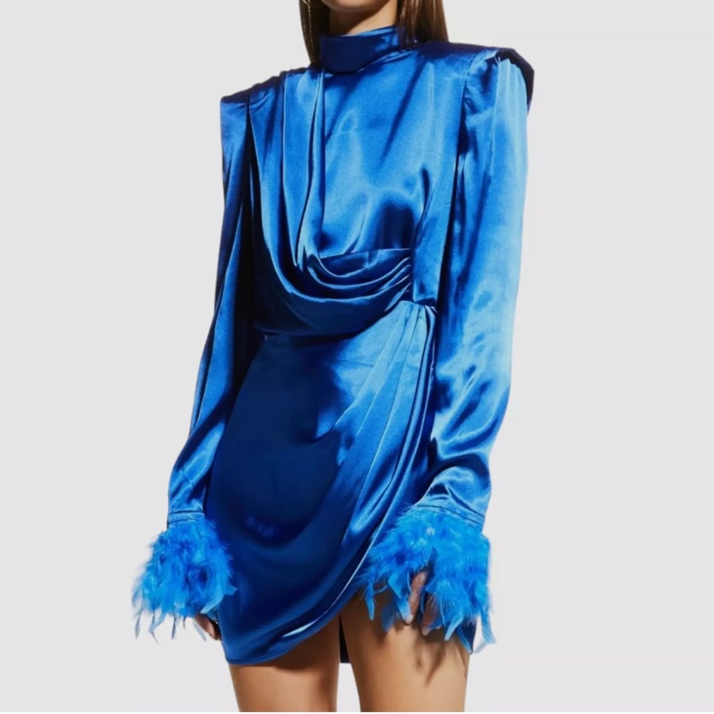 Bronx and Banco Royal Blue Mini Dress with Feather Cuffs - Picture 5 of 6